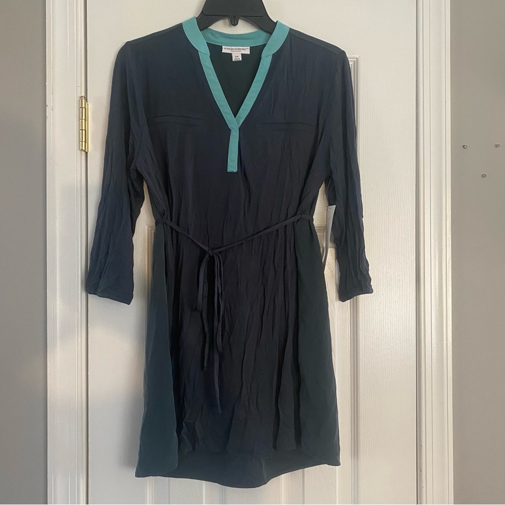 Liz Lange Maternity Calvary Blue Split V Neck Tunic Shirt Front Tie Small NWT